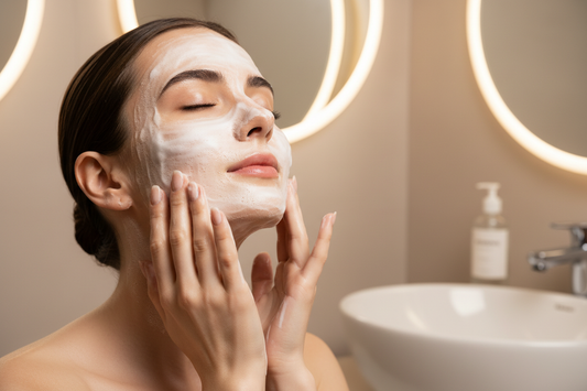 A clean luxury visual featuring a woman washing face with rich, soft milky lather visible. minimalistic spa-inspired lighting. Fresh, polished, and calm mood. Editorial Photo
