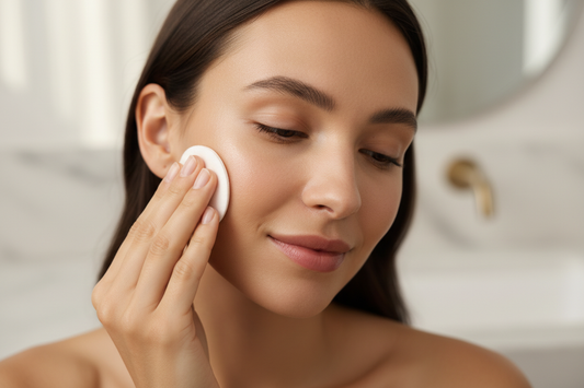 A high-end skincare moment in a clean luxury aesthetic. A woman applying toner with a cotton pad, soft natural lighting and warm beige tones. Fresh, minimal, refined. Close-up with glowing skin texture, no product bottle