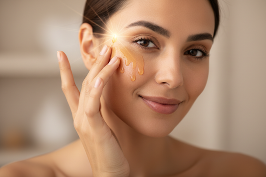 A luxurious skincare close-up showing a Middle Eastern woman applying amber color serum to her face with fingertips. Dewy skin, soft warm lighting, minimal neutral background. Clean luxury spa aesthetic. Subtle glow and elegance, no product packaging