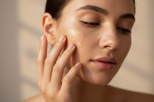 A luxurious skincare close-up showing a woman applying serum to her face with fingertips. Dewy skin, soft warm lighting, minimal neutral background. Clean luxury spa aesthetic. Subtle glow and elegance, no product bottle