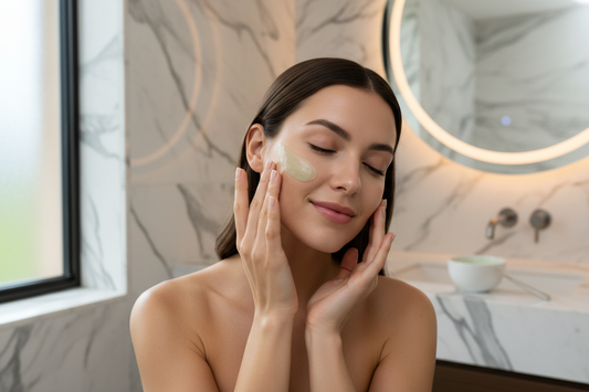 A modern high-end skincare moment with a woman applying a lightweight green cream to the face. luxury bathroom, clean and elegant, no branding or packaging