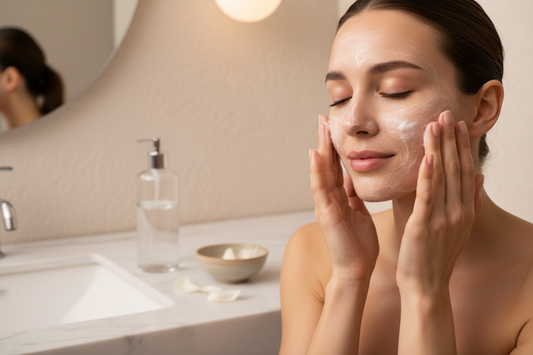 A serene, minimalist skincare moment. A woman applying a soft milky cleanser to her face, creamy texture visible on the skin. Clean luxury aesthetic and spa-like lighting. Close-up, elegant, editorial photo