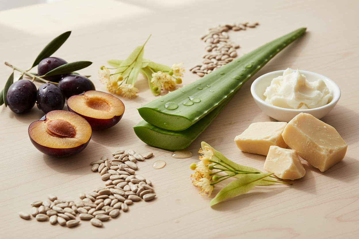 Aloe Barbadensis (Aloe) Leaf, Helianthus Annuus (Sunflower) Seed , Olea Europaea (Olive) Fruit, Prunus Domestica (Plum) Fruit Extract, Butyrospermum Parkii (Shea) Butter, Theobroma Cacao (Cocoa) Seed Butter, Tilia Cordata (Linden) Flower, editorial photo