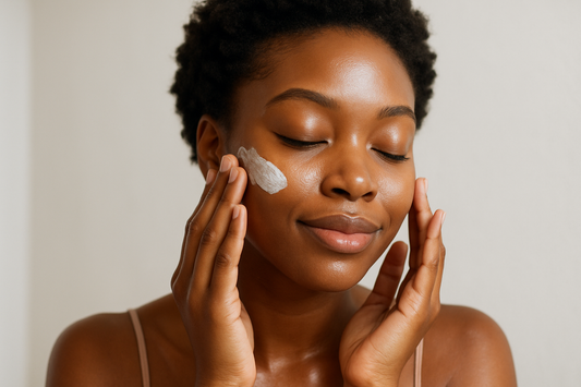 black woman applying moisturizer to her face