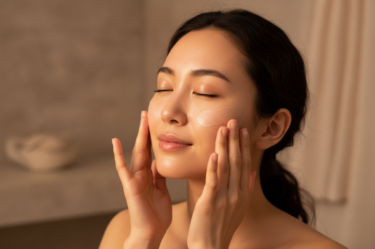 Clean luxury beauty shot of a asian woman gently massaging moisturizer into her face. Soft beige lighting, dewy natural skin, spa-like minimalism. No product container shown.