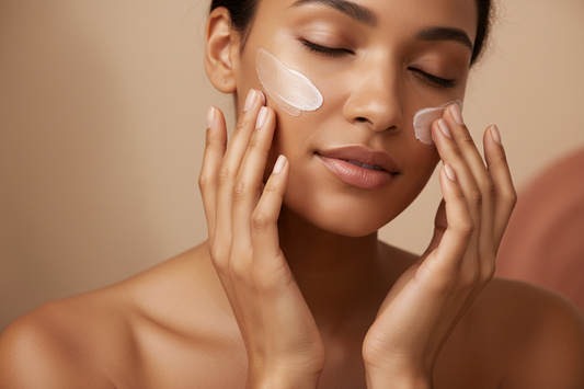 Close-up of glowing, freshly moisturized skin with a brown skin woman smoothing cream over her face. Warm neutral background, soft spa light, clean luxury aesthetic. no packaging or branding