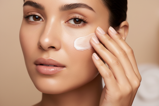 Close-up of glowing, freshly moisturized skin with a latina woman smoothing cream over her face. Warm neutral background, soft spa light, clean luxury aesthetic. no packaging or branding