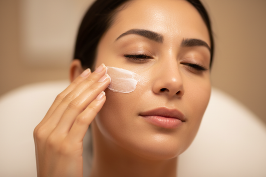 Close-up of glowing, freshly moisturized skin with a middle eastern woman smoothing cream over her face. Warm neutral background, soft spa light, clean luxury aesthetic. no packaging or branding