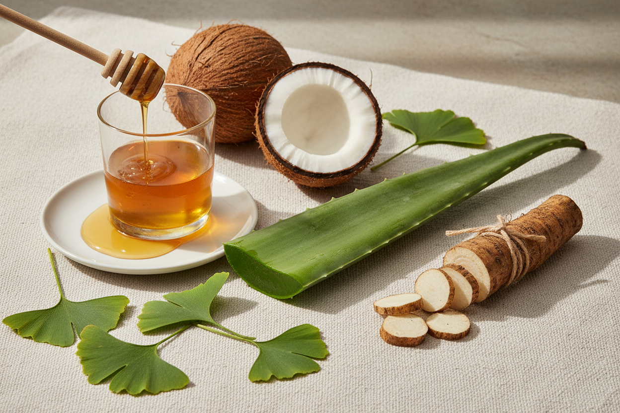 editorial photo, Aloe plant leaf, Coco, Honey, Ginkgo Biloba Leaf Extract➀, Arctium Lappa (Burdock) Root Extract