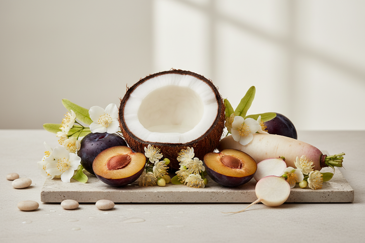 editorial photo, Coco, Prunus Domestica (Plum) Fruit, Citric Acid, Parfum, Benzyl Wheat Protein, Tilia Cordata (Linden) Flower, Jasminum Officinale (Jasmin), Leuconostoc/Radish Root