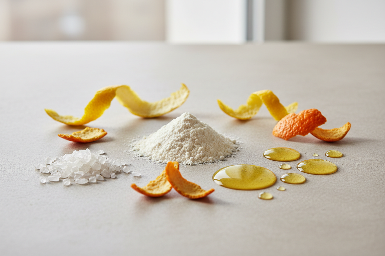 Editorial photo, Wheat Protein, Potassium Sorbate, Limonene, Citrus Limon Peel Citrus Aurantium Peel, no packaging or branding