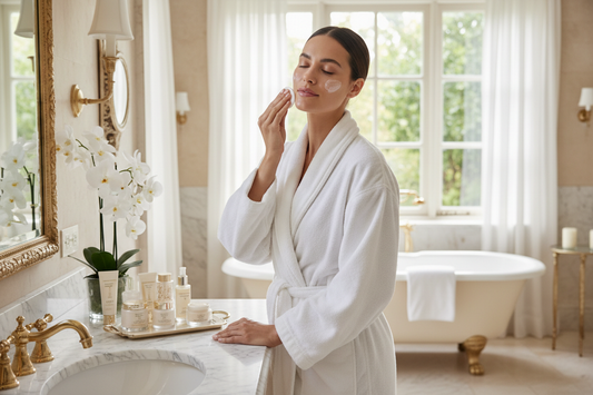 Lady applying cleanser to face with cotton pad, luxury bathroom, editorial photo