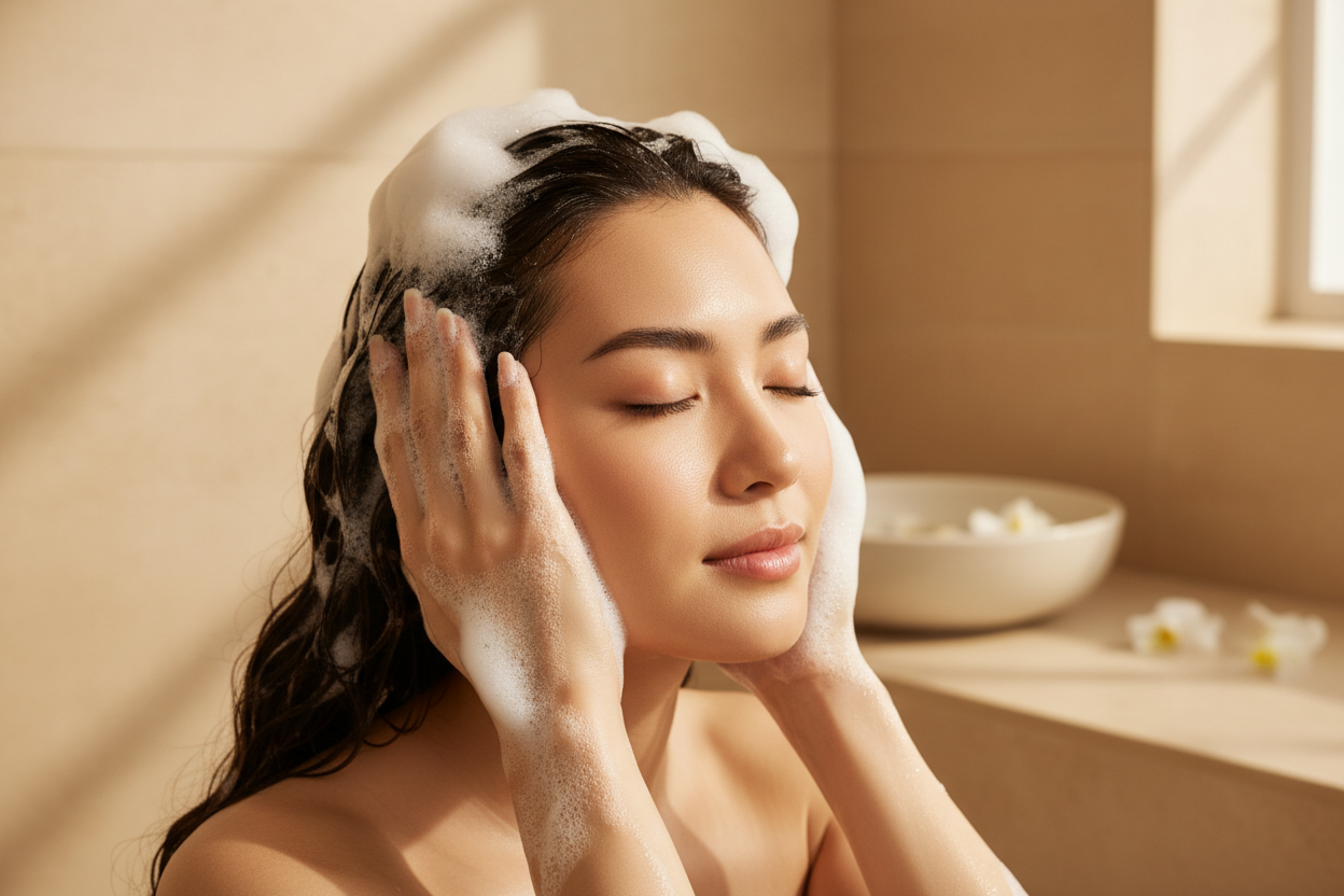 A clean luxury aesthetic featuring a asian woman washing her hair with rich lather. Soft warm neutral tones, spa-like lighting, minimal composition