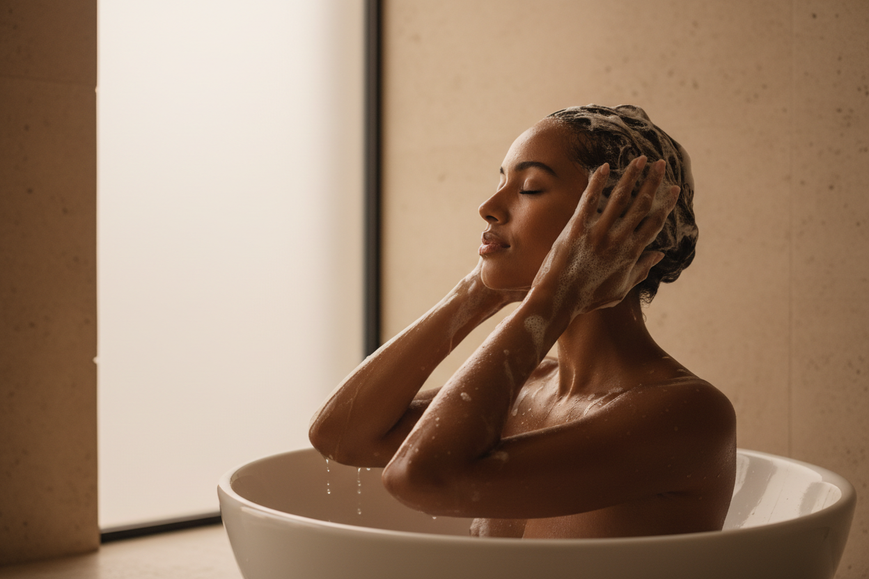 “A clean luxury aesthetic featuring a brown skin woman washing her hair with rich lather. Soft warm neutral tones, spa-like lighting, minimal composition, no packaging or branding
