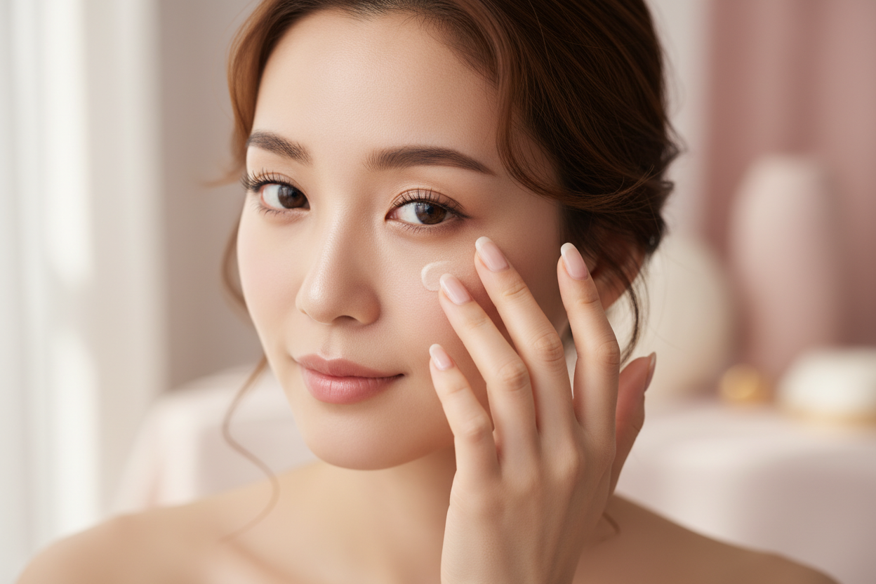 A close-up of a asian woman gently tapping eye cream under her eyes. Clean luxury aesthetic with soft feminine tones and diffused lighting, elegant and minimal. no product packaging