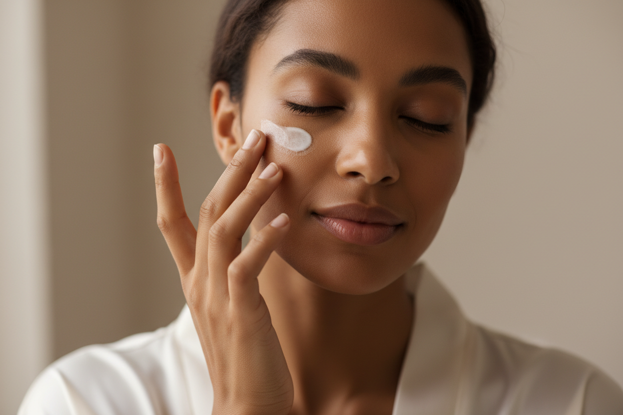 A close-up of a brown skin woman gently tapping eye cream under her eyes. Clean luxury aesthetic with soft beige tones and diffused lighting, elegant and minimal, no product packaging