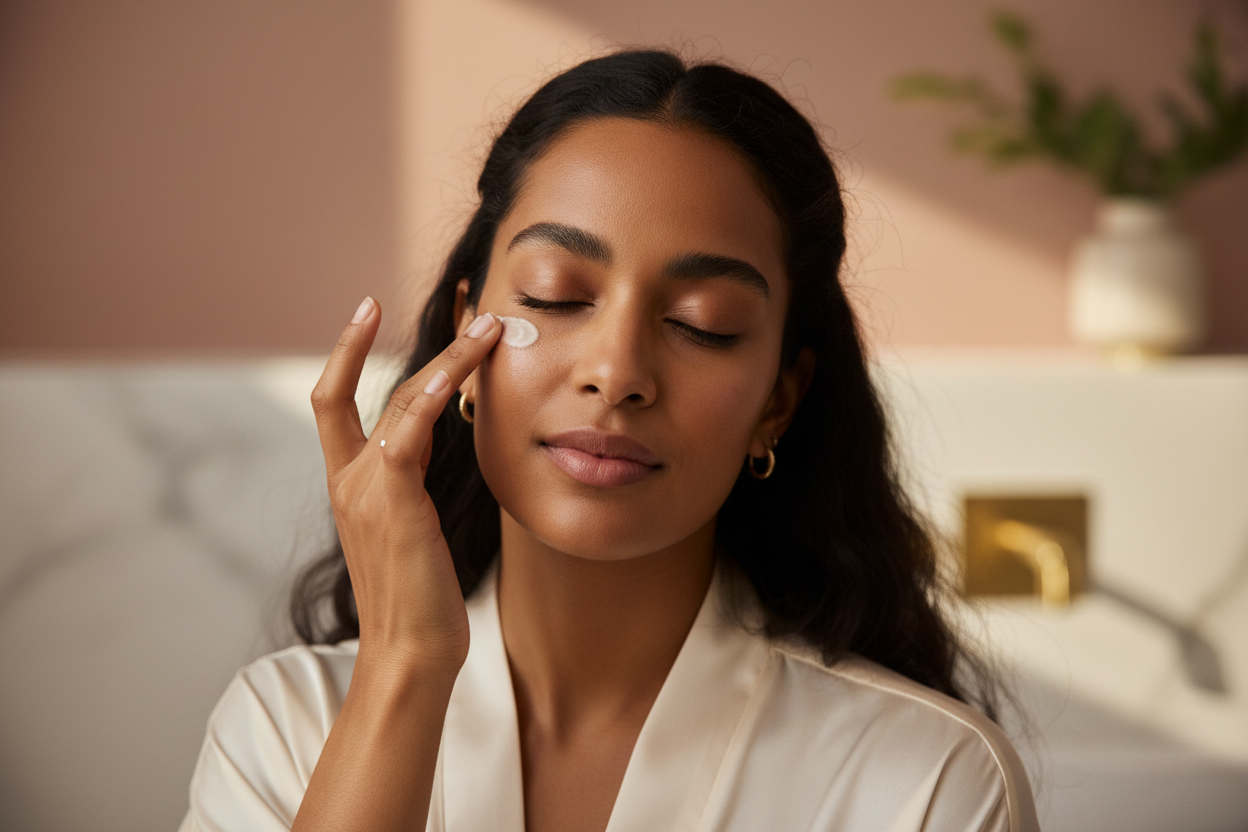 A close-up of a brown skin woman gently tapping eye cream under her eyes. Clean luxury aesthetic with soft feminine tones and diffused lighting, elegant and minimal. no product packaging