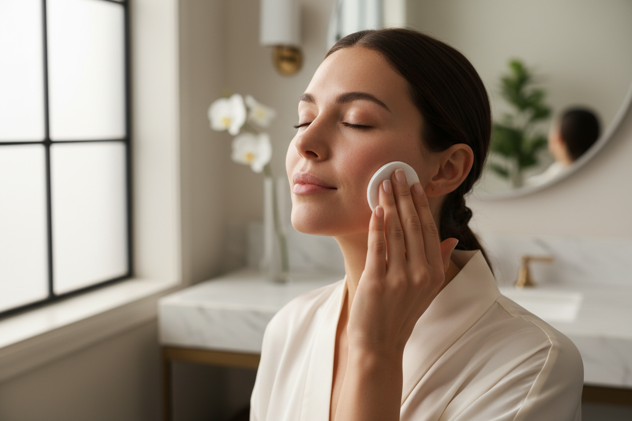 A high-end skincare moment in a clean luxury aesthetic. A woman applying toner with a cotton pad, soft natural lighting and luxury bathroom. Fresh, minimal, refined. Close-up with glowing skin texture. no branding or packaging