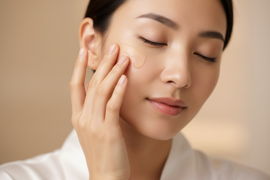 A luxurious skincare close-up showing a asian woman applying serum to her face with fingertips. Dewy skin, soft warm lighting, minimal neutral background. Clean luxury spa aesthetic. Subtle glow and elegance, no product packaging 