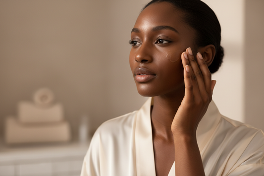 A luxurious skincare close-up showing a black elegant woman applying serum to her face with fingertips. Dewy skin, soft warm lighting, minimal neutral background. Clean luxury spa aesthetic. Subtle glow and elegance. no product packaging