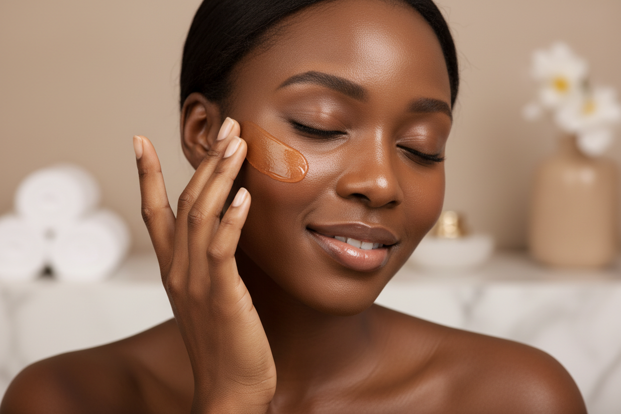 A luxurious skincare close-up showing a black woman applying orange color thin cream to her face with fingertips. Dewy skin, soft warm lighting, minimal neutral background. Clean luxury spa aesthetic. Subtle glow and elegance