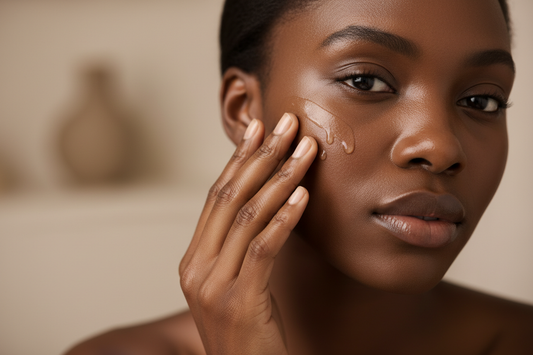 A luxurious skincare close-up showing a black woman applying serum to her face with fingertips. Dewy skin, soft warm lighting, minimal neutral background. Clean luxury spa aesthetic. Subtle glow and elegance. no product packaging