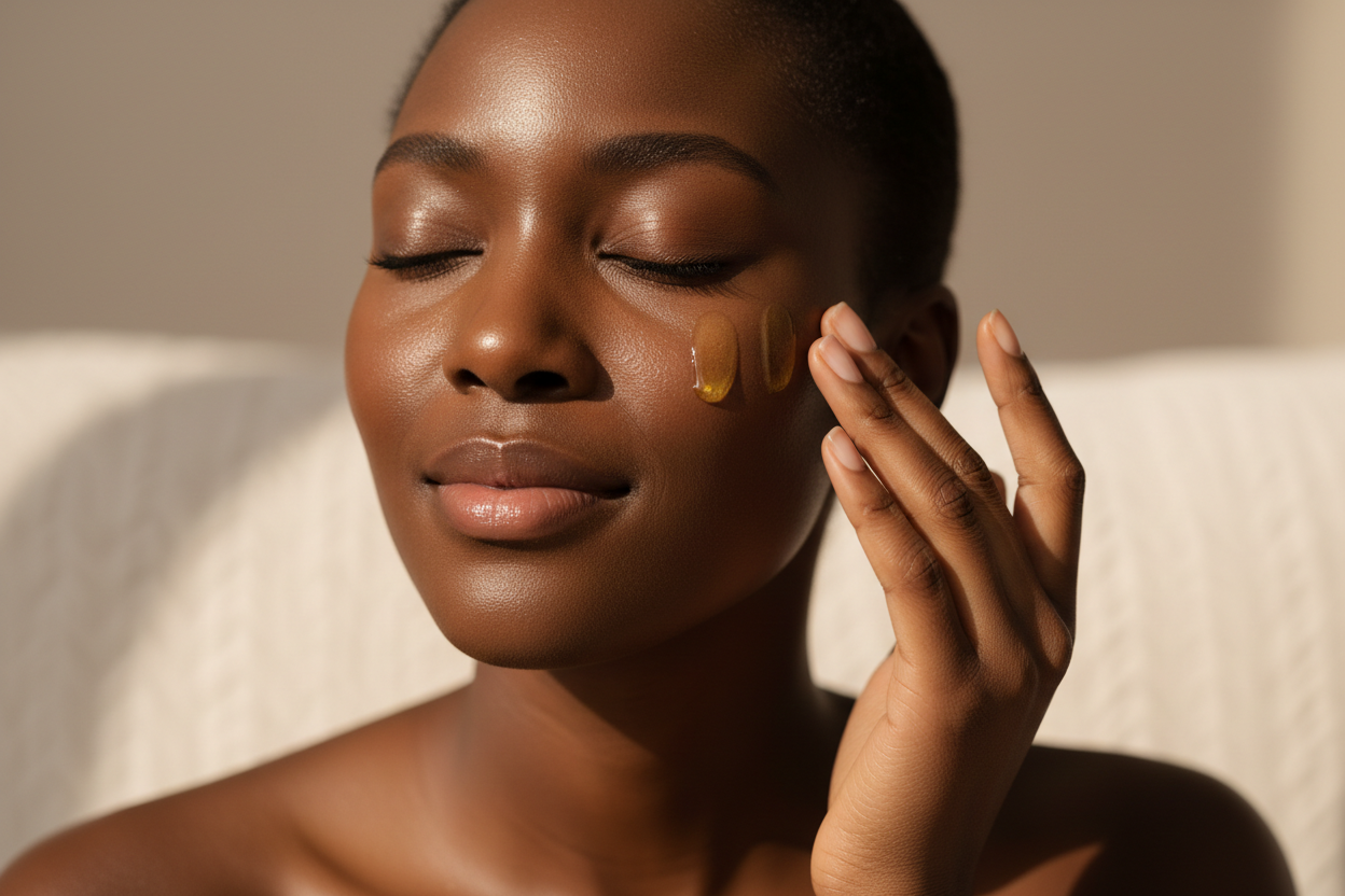 A luxurious skincare close-up showing a black woman applying yellow serum to her face with fingertips. Dewy skin, soft warm lighting, minimal neutral background. Clean luxury spa aesthetic. Subtle glow and elegance. no product packaging
