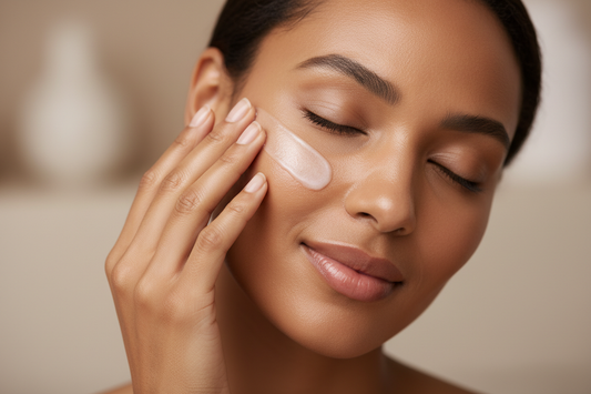 A luxurious skincare close-up showing a brown skin woman applying light white serum to her face with fingertips. Dewy skin, soft warm lighting, minimal neutral background. Clean luxury spa aesthetic. Subtle glow and elegance, no product packaging 