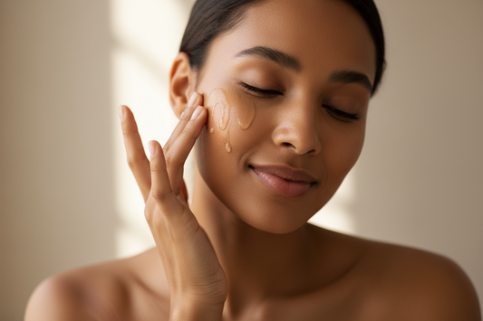 A luxurious skincare close-up showing a brown skin woman applying serum to her face with fingertips. Dewy skin, soft warm lighting, minimal neutral background. Clean luxury spa aesthetic. Subtle glow and elegance, no product packaging 
