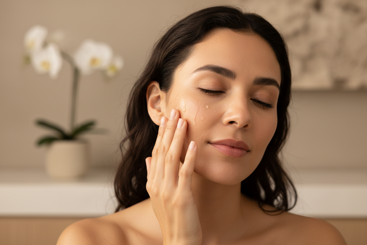 A luxurious skincare close-up showing a latina woman applying serum to her face with fingertips. Dewy skin, soft warm lighting, minimal neutral background. Clean luxury spa aesthetic. Subtle glow and elegance, no product packaging