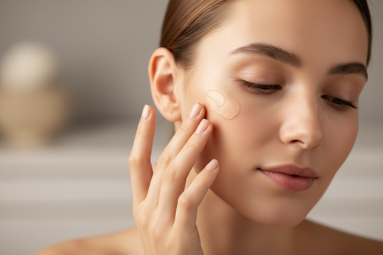 A luxurious skincare close-up showing a woman applying serum to her face with fingertips. Dewy skin, soft warm lighting, minimal neutral background. Clean luxury spa aesthetic. Subtle glow and elegance, no product bottle