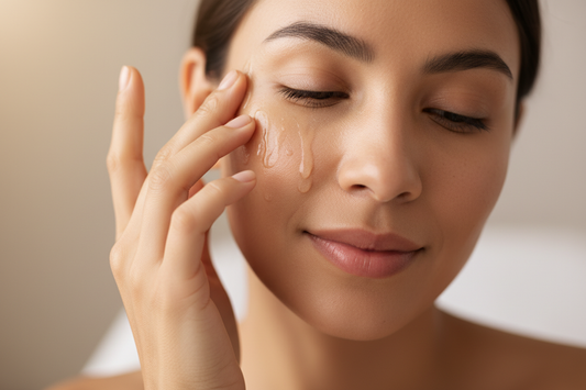 A luxurious skincare close-up showing latina woman applying serum to her face with fingertips. Dewy skin, soft warm lighting, minimal neutral background. Clean luxury spa aesthetic. Subtle glow and elegance, no product packaging 