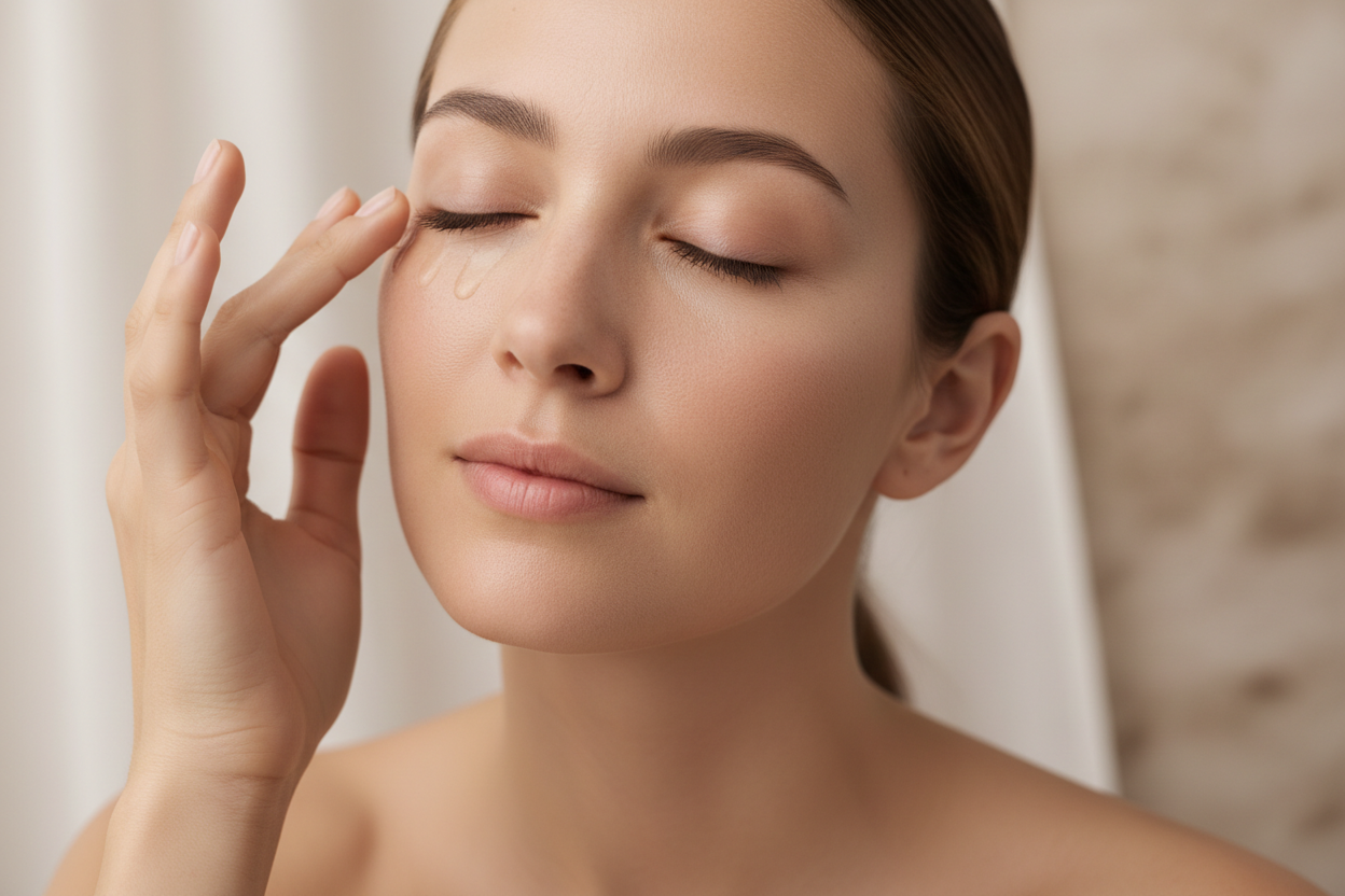 A refined, ultra-soft luxury beauty shot of a woman applying eye serum around the orbital area. Neutral, spa-like lighting and smooth skin glow. no product packaging