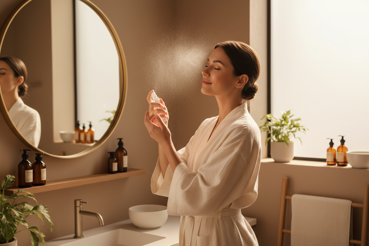 A serene wellness-inspired moment. A woman misting her face lightly, eyes closed, soft smile. Fine mist visible in the air. Clean luxury aesthetic with warm neutral tones and soft-focus lighting. Elegant and calming.”