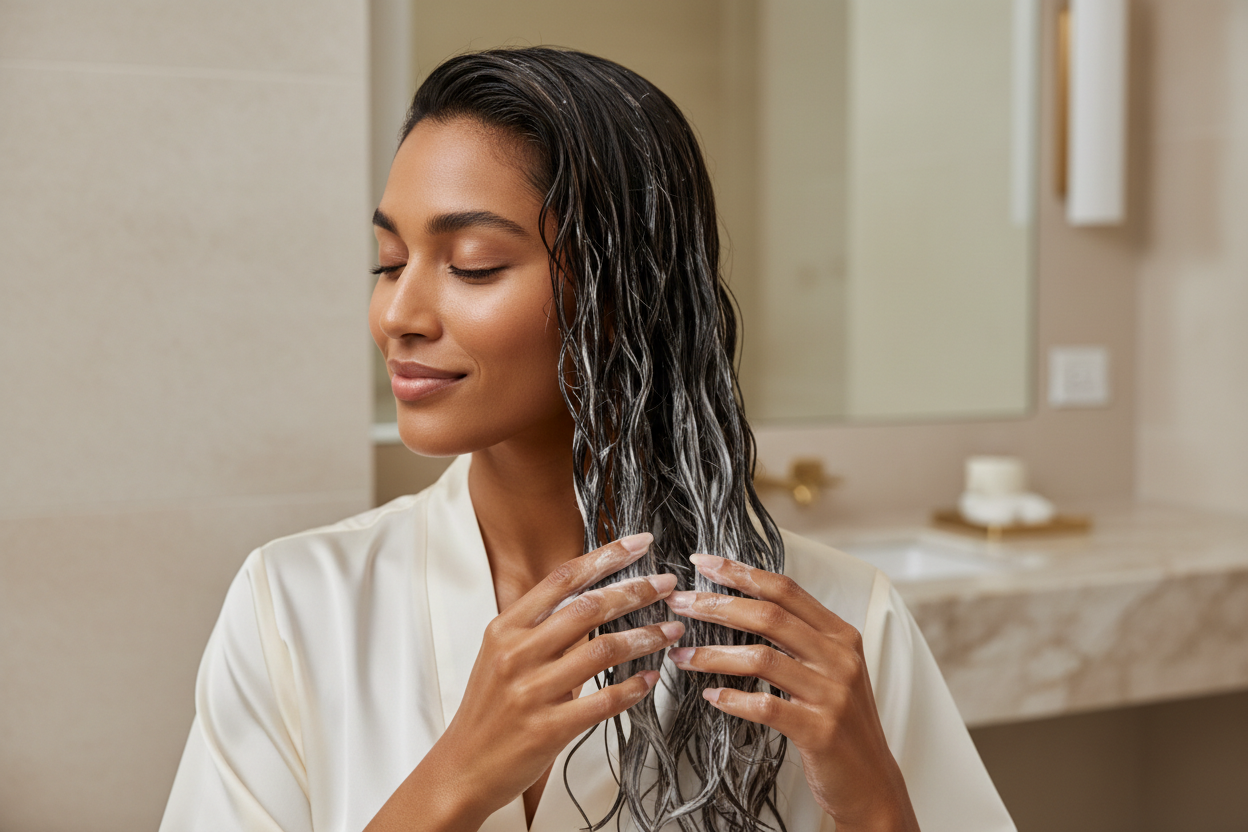 A soft elegant beauty moment showing a  brown skin woman smoothing conditioner into her wet hair. Neutral tones, calm and polished luxury feel. no packaging or branding