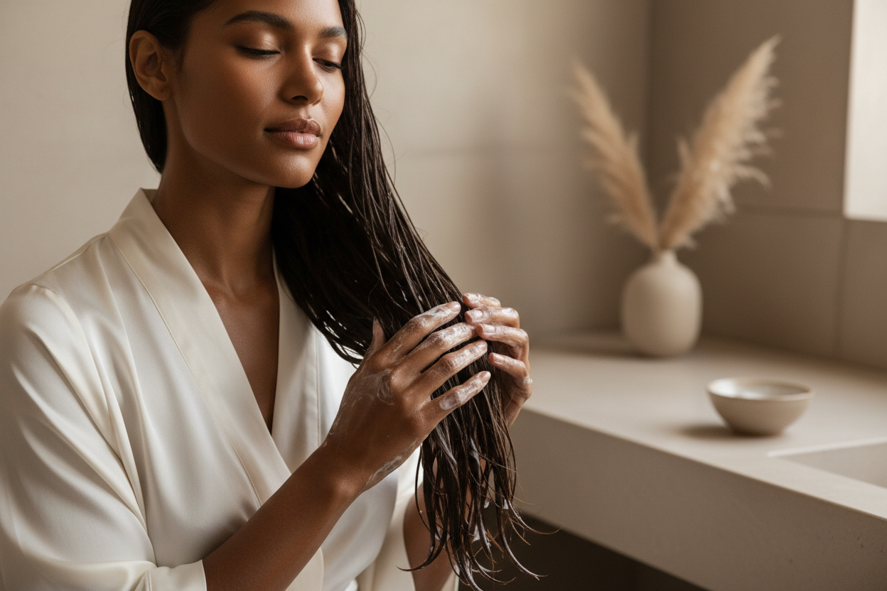 “A soft elegant beauty moment showing a brown skin woman smoothing conditioner into her wet hair. Neutral tones, calm and polished luxury feel. no packaging or branding”