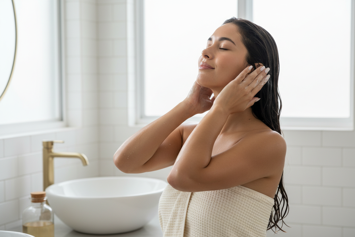 A soft elegant beauty moment showing a  latina woman smoothing conditioner into her wet hair. Neutral tones, calm and polished luxury feel. no packaging or branding