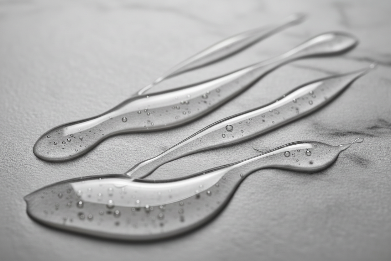 Artistic luxury skincare texture shot of clear toner forming soft liquid ribbons on a matte neutral surface. Highlights are clean and gentle, giving a premium spa-like feel. No packaging in frame