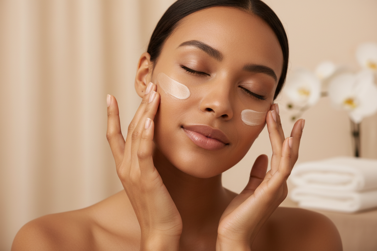 “Clean luxury beauty shot of a brown skin woman gently massaging moisturizer into her face. Soft beige lighting, dewy natural skin, spa-like minimalism. No product container shown.”