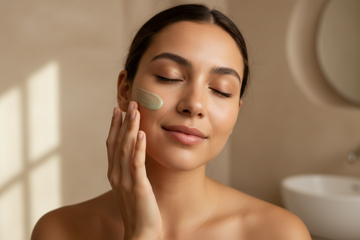 Clean luxury beauty shot of a latina woman gently applying a cooling light green gel-cream to her cheek. Soft beige lighting, spa-like minimalism, dewy fresh skin, calming mood. No product bottle visible.”