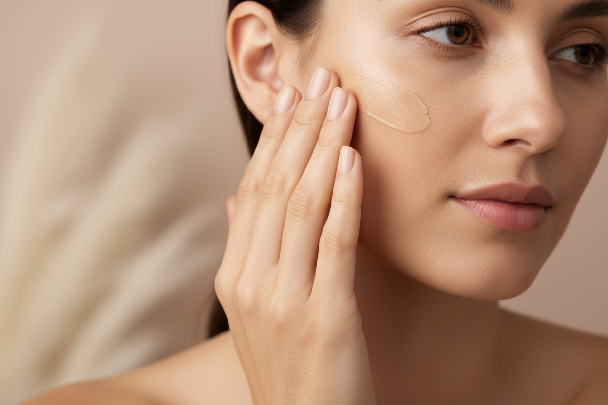 Clean luxury beauty shot of a woman applying a lightweight tinted SPF to her face. Soft beige lighting, spa-like minimalism, natural glow, warm neutrals. Close-up of cheek with visible subtle tint. Elegant, premium, no product bottle.”