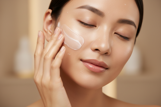Close-up of glowing, freshly moisturized skin with a ASIAN woman smoothing cream over her face. Warm neutral background, soft spa light, clean luxury aesthetic. no packaging or branding