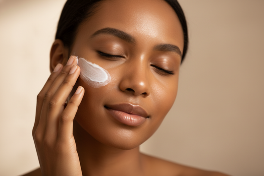 Close-up of glowing, freshly moisturized skin with a brown skin woman smoothing cream over her face. Warm neutral background, soft spa light, clean luxury aesthetic. no packaging or branding