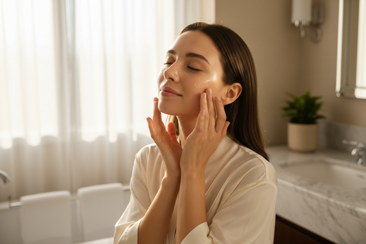 editorial photo, A glowing morning skincare moment. A woman applying a lightweight cream, warm gentle sunlight tones, neutral luxury aesthetic, fresh and energizing mood, no branding or packaging