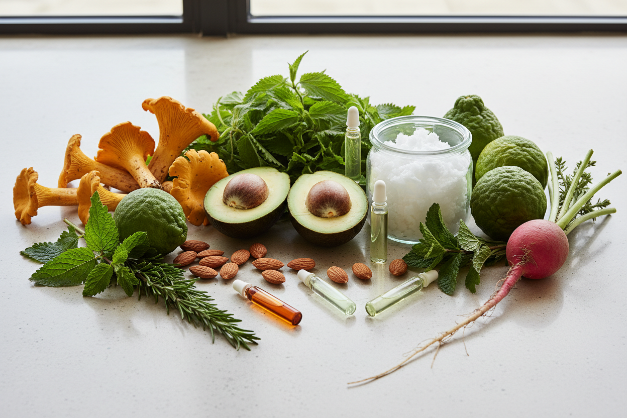 editorial photo, Cantharellus Cibarius (Chanterelle), Cetearyl Alcohol, Sodium PCA, Urtica Dioica (Nettle) Leaf, Caffeine,  Cocos Nucifera (Coconut) Oil, Persea Gratissima (Avocado), Prunus Amygdalus Dulcis (Sweet Almond), Mentha Piperita, Hydrolyzed Keratin, Rosmarinus Officinalis Leaf, Leuconostoc/Radish Root,  Limonene, Citrus Aurantium Bergamia Peel, Pinene, Vitamin E, Caffeine 