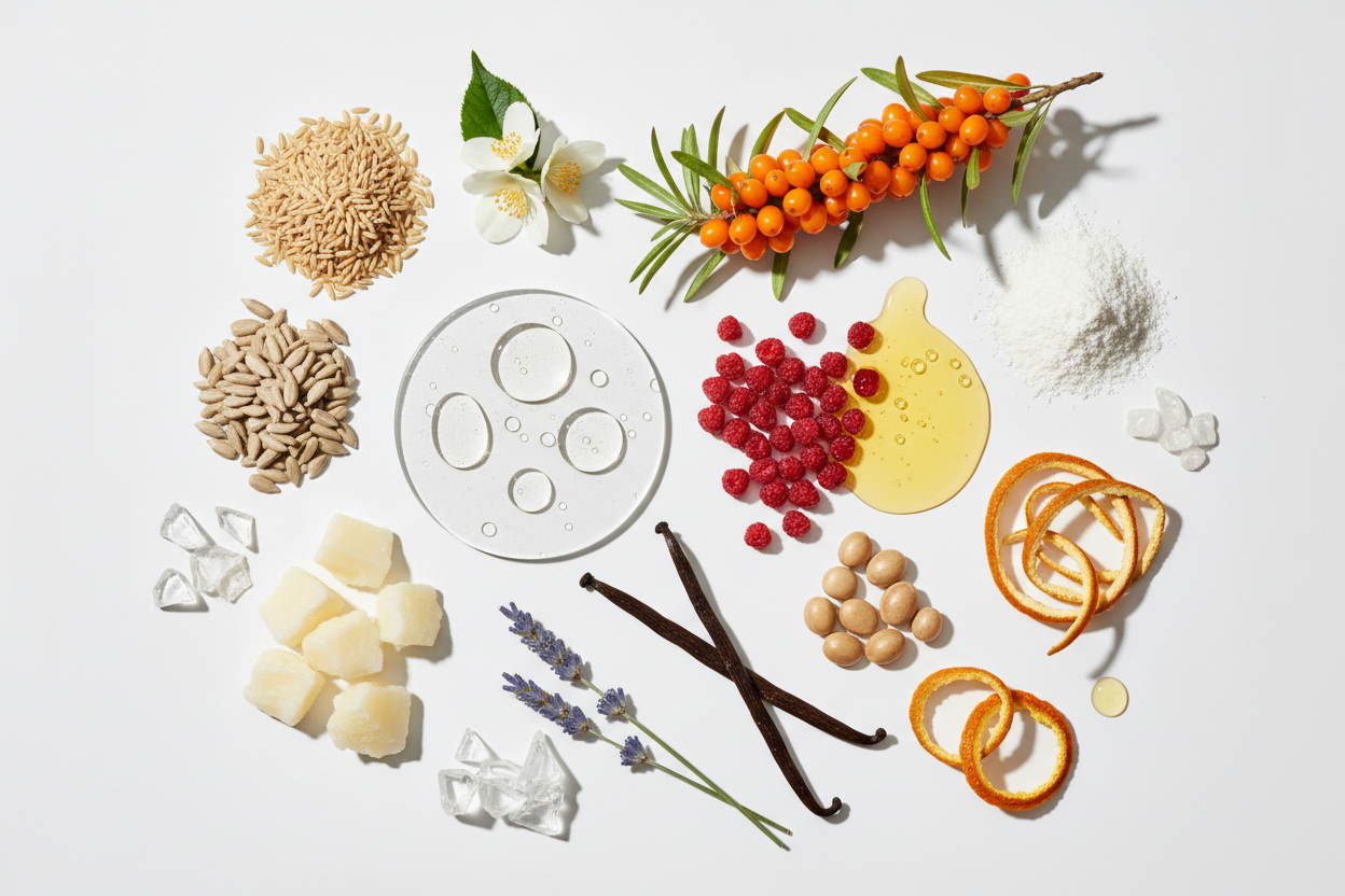 editorial photo, Hyaluronic Acid,Zinc Oxide, Raspberry Seed Oil, Sea Buckthorn  , Oryza Sativa Bran,  Helianthus Annuus Seed Wax, Rhus Succedanea Fruit Wax, Hydrated Silica, Polyhydroxystearic Acid, Jojoba Esters, Hippophae Rhamnoides , Citric Acid,Limonene, Citrus Aurantium Peel Oil, Linalool, Citrus Limon Peel Oil, Pinene, Vanillin, Citral