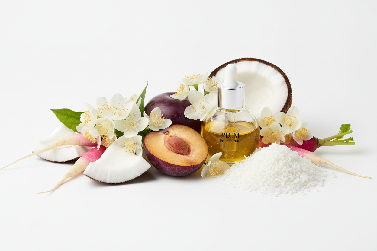 editorial photo, Linden Flower, Jasmine Flower, Plum Fruit, Coco, Prunus Domestica (Plum) Fruit Extract, Leuconostoc/Radish Root 