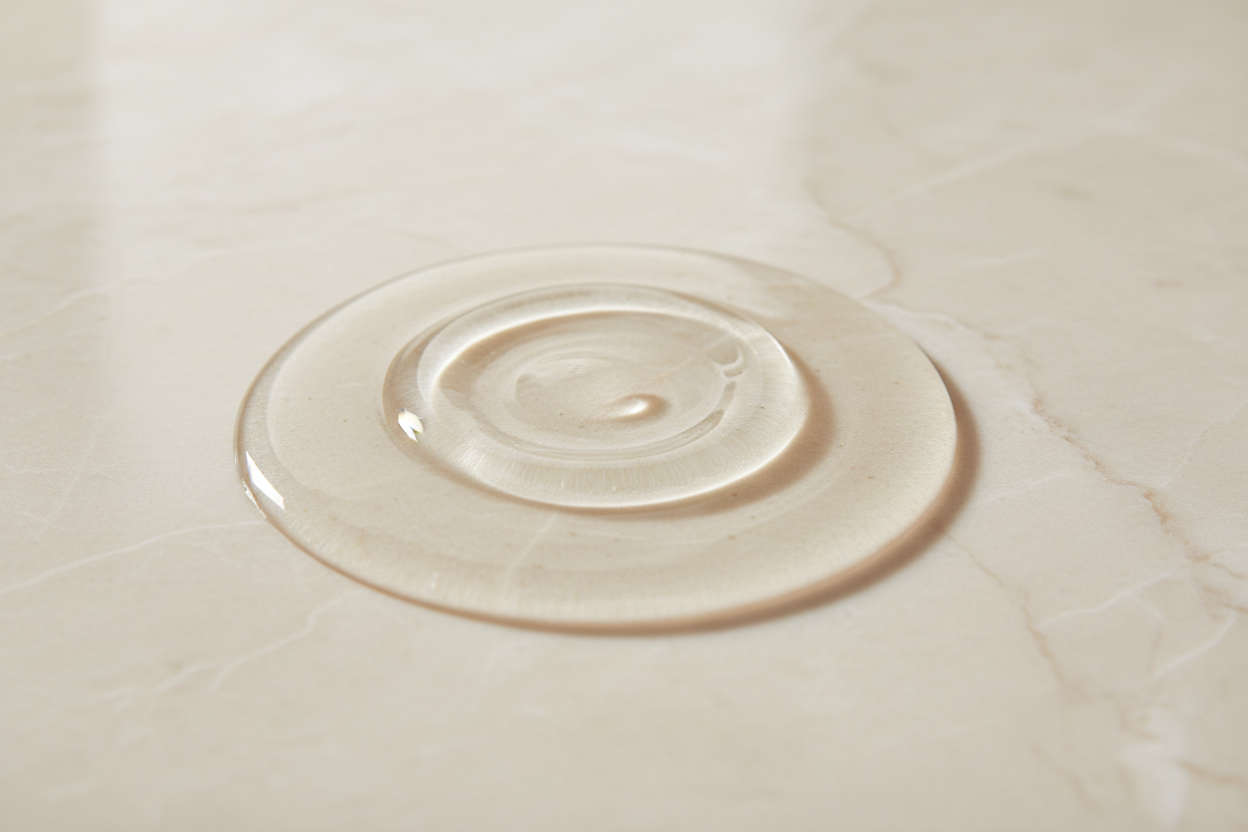 Editorial skincare texture shot showing a glossy puddle of clear toner on a marble beige surface. Smooth ripples, high-end lighting, minimal modern look. No bottle, no branding