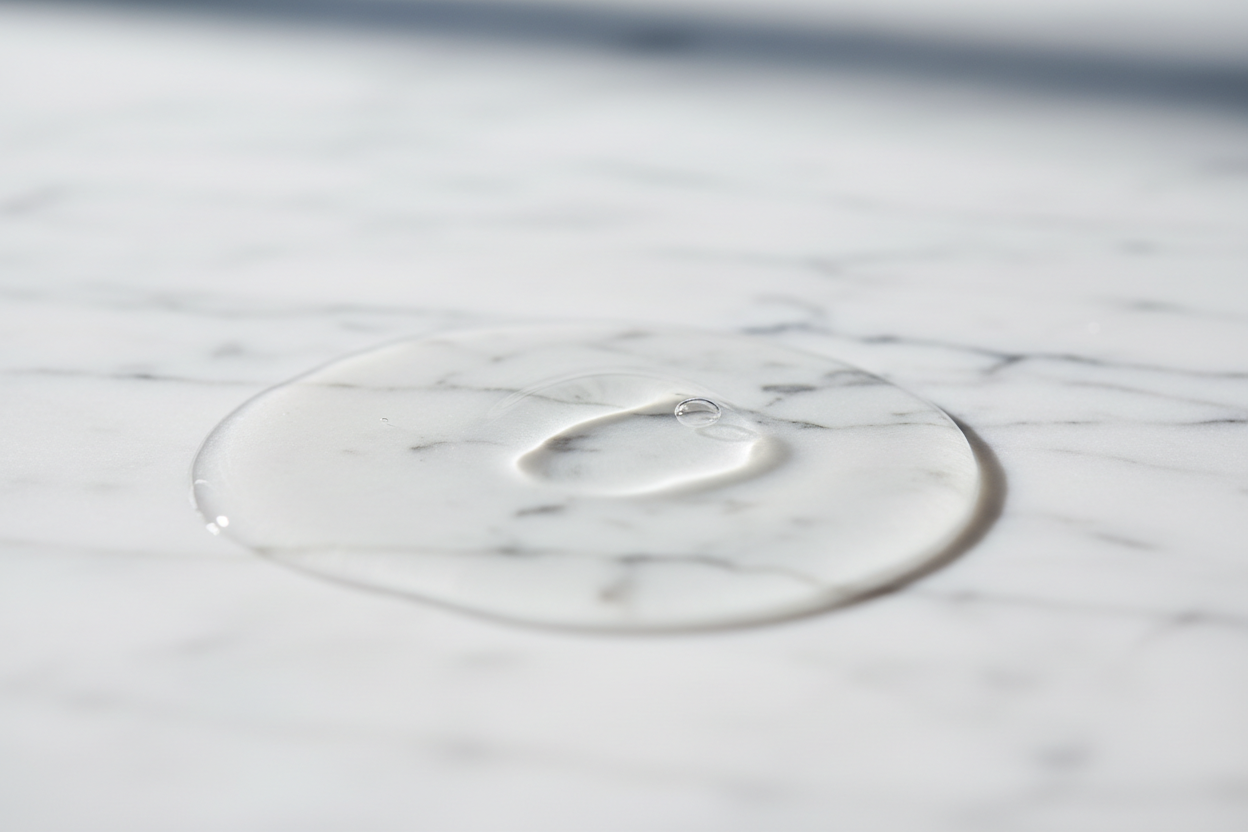 Editorial skincare texture shot showing a glossy puddle of clear toner on a marble surface. Smooth ripples, high-end lighting, minimal modern look. No bottle, no branding