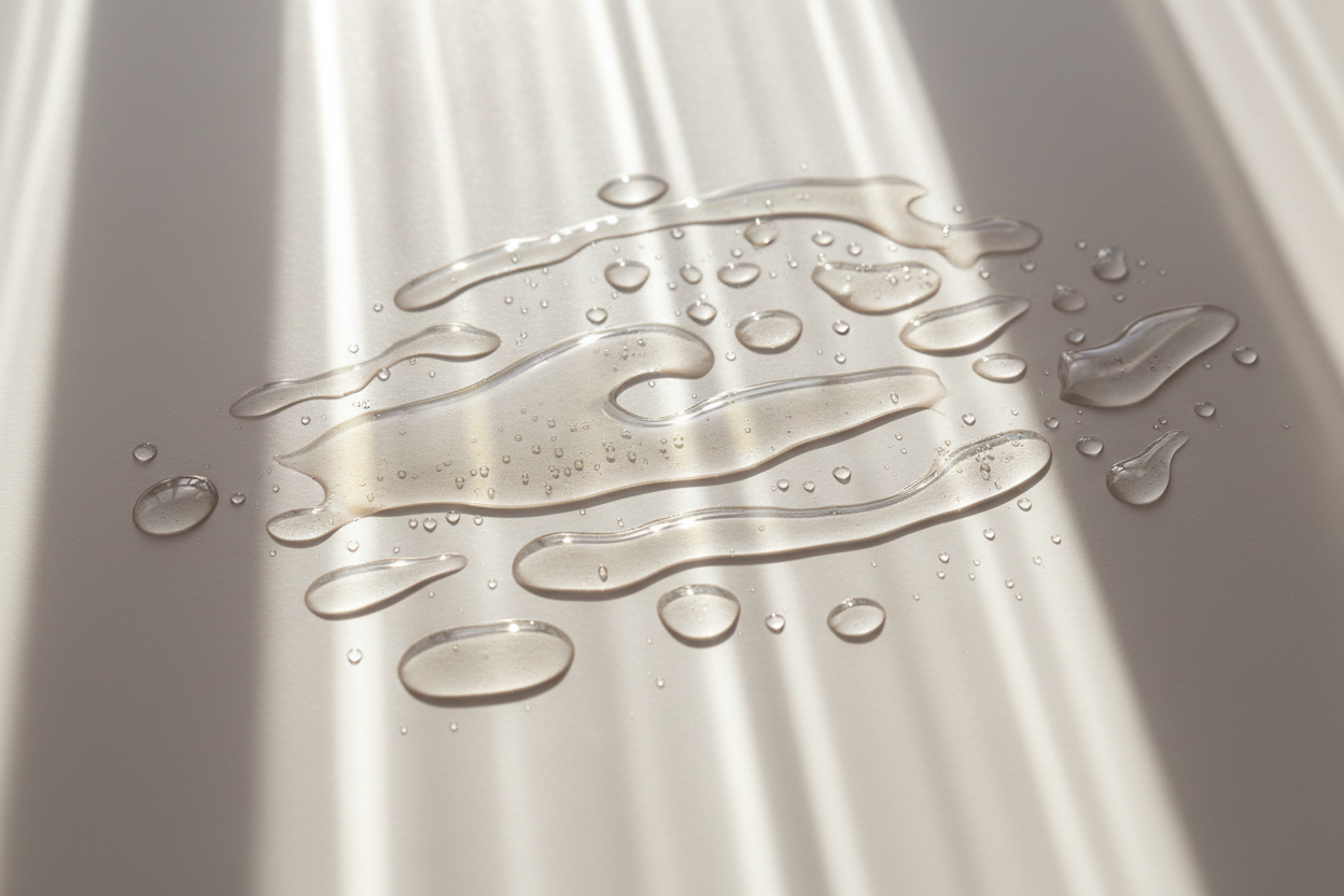 Editorial texture photo, clear oil, sun rays, luxury flat lay, no product packaging